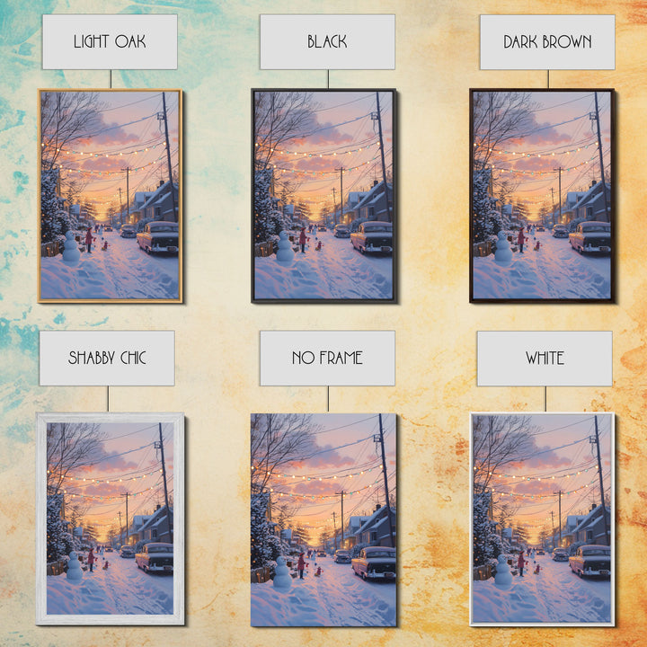 Cozy Neighborhood Christmas Evening with Snowmen and Festive Lights, Perfect for Framed Canvas Print and Holiday Wall Art