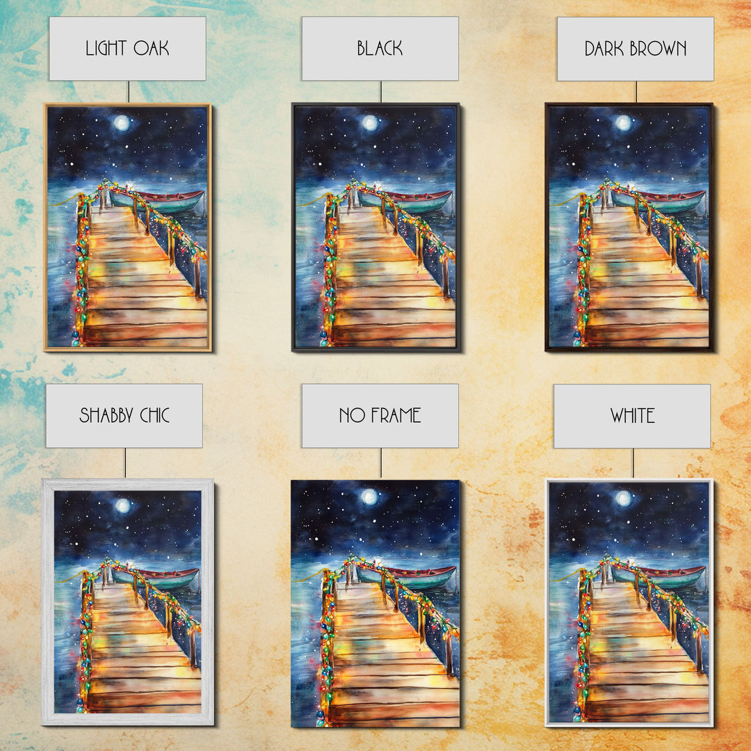 Lakeside Dock Decorated For Christmas, Nautical Christmas Wall Art Canvas Print, Farmhouse Christmas, Lake House Christmas Art