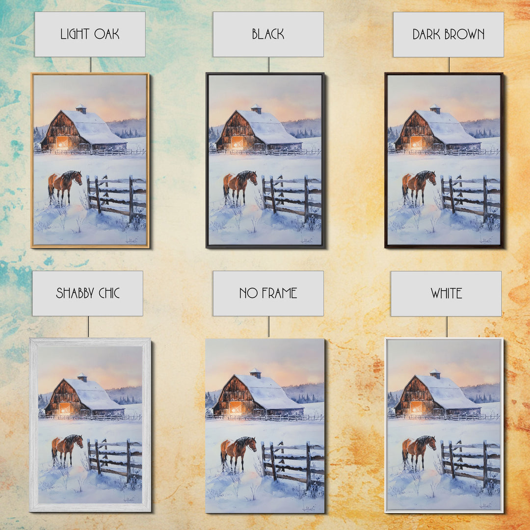 Christmas On The Farm, Winter Wall Art Framed Canvas Print, Gift Idea, Seasonal Decor, Barn Painting, Farmhouse Art