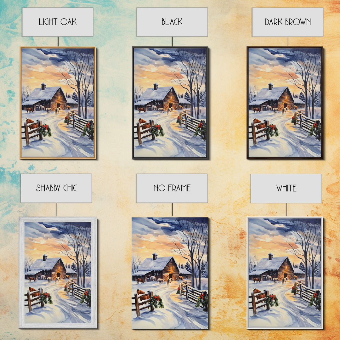 Christmas On The Farm, Winter Wall Art Framed Canvas Print, Gift Idea, Seasonal Decor, Barn Painting, Farmhouse Art