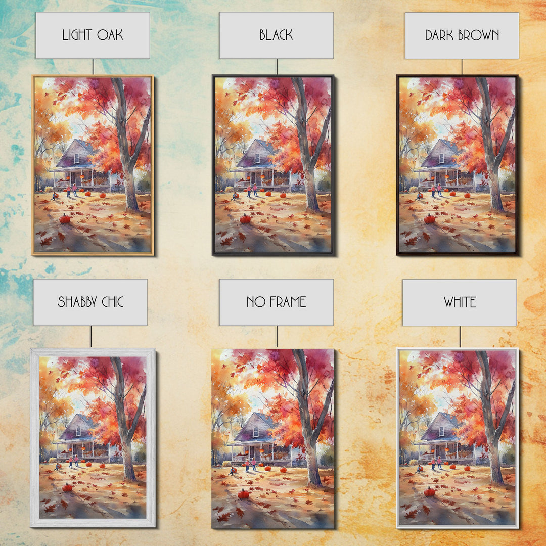 Kids Playing In Fall Leaves Framed Canvas Print Autumn Country Wall Art Farmhouse Decor Best Gift Idea Seasonal Holiday Wall Art