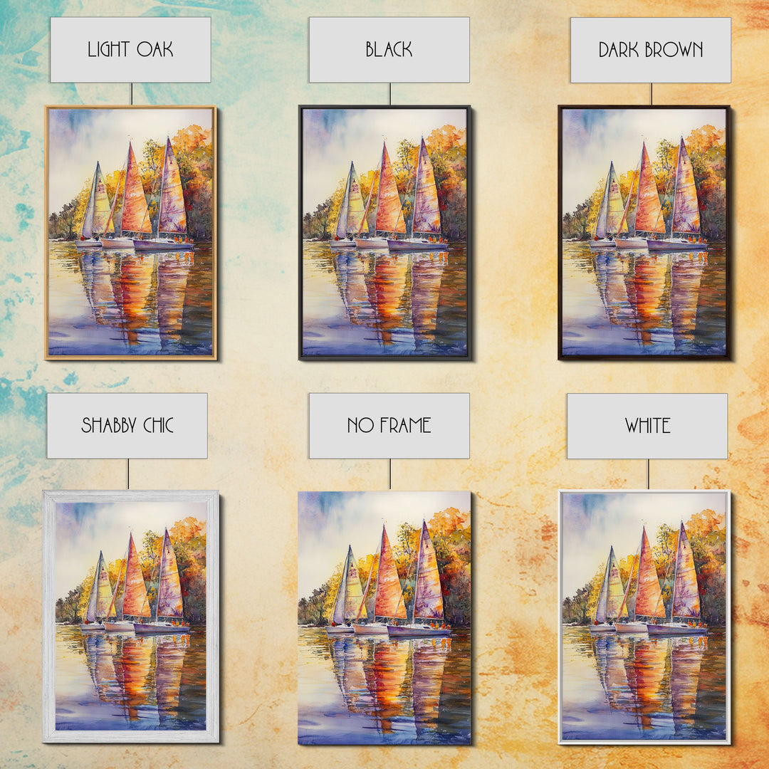 Colorful Sailboats Reflected On Water Framed Canvas Print Fall Nautical Wall Art Coastal Decor Best Gift Idea Holiday Wall Art
