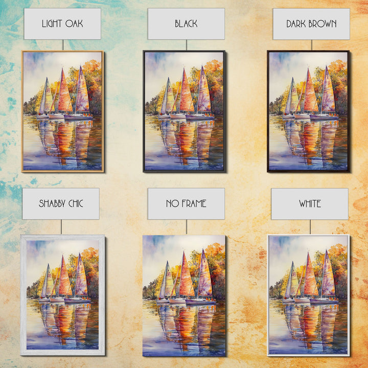 Colorful Sailboats Reflected On Water Framed Canvas Print Fall Nautical Wall Art Coastal Decor Best Gift Idea Holiday Wall Art