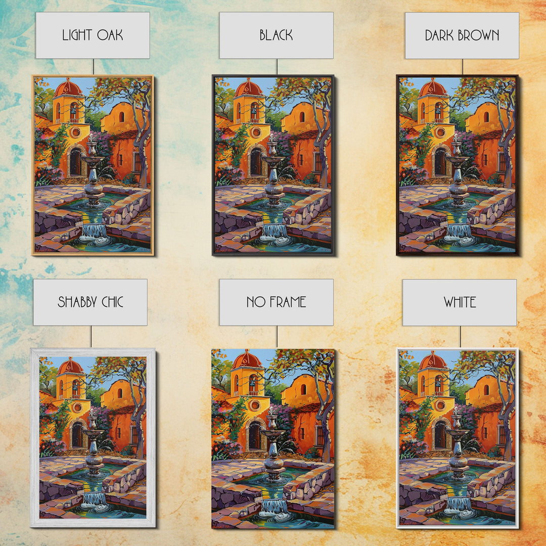 Mexican Style Framed Canvas Print Tall Art Vibrant Outdoor Fountain Scene With Colorful Architecture