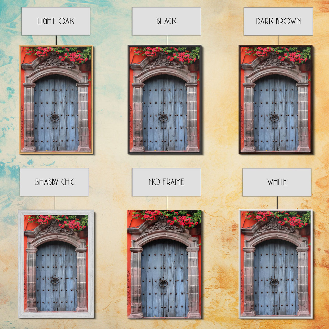 Mexican Style Colorful Architecture Framed Canvas Print Tall Art Depicting Traditional Blue Doors