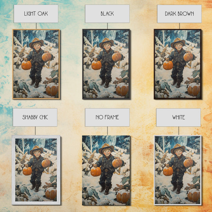 Cowboy Christmas Decor Framed Canvas Print with Pumpkin in Snow, Rustic Holiday Home Wall Art and Seasonal Gift Idea 2024