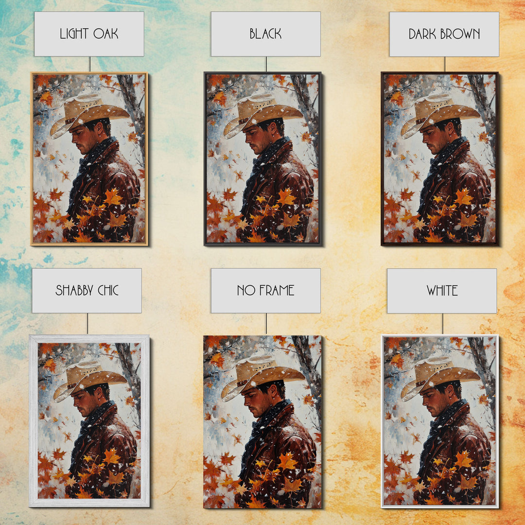 Rustic Cowboy Holiday Art Framed Canvas Print with Falling Leaves, Perfect Autumn Decor and Seasonal Gift Idea 2024