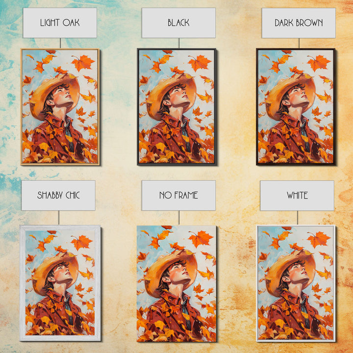 Cowboy Fall Decor Canvas Print with Windblown Leaves, Rustic Farmhouse Autumn Holiday Wall Art Seasonal Gift Idea 2024