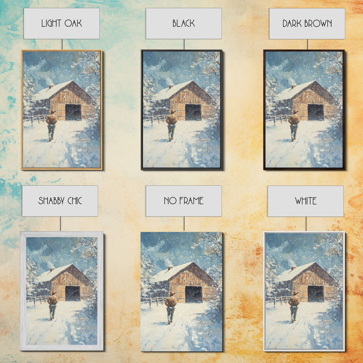 Cowboy Walking in Snow Scene Framed Canvas Print - Moody Landscape Art for Winter Home Decor 2024 Rustic Winter Wall Art