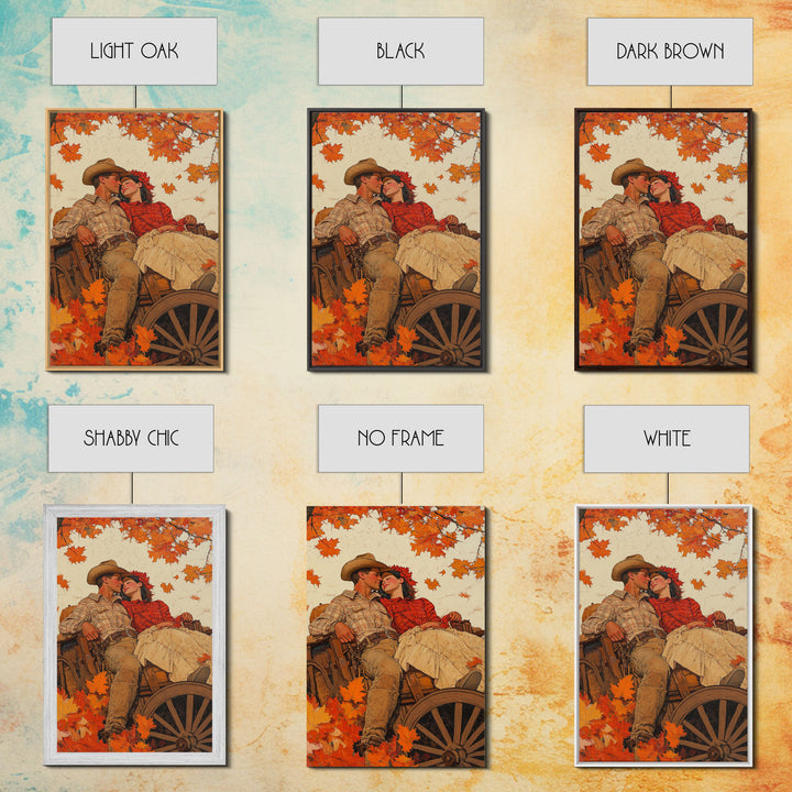 Cozy Fall Couple in Wagon Framed Canvas Print - 2024 Vintage Autumn Love Art Best Gift Idea Fall Farmhouse Wall Decor