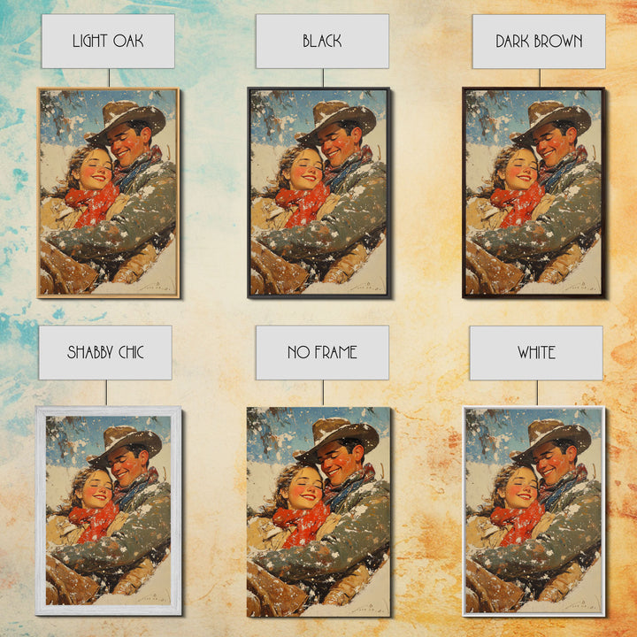 Snowy Couple Embrace Framed Canvas Print - Retro Christmas Art 2024 Holiday Home Decor Gift Idea for Cozy Winter Wall Art