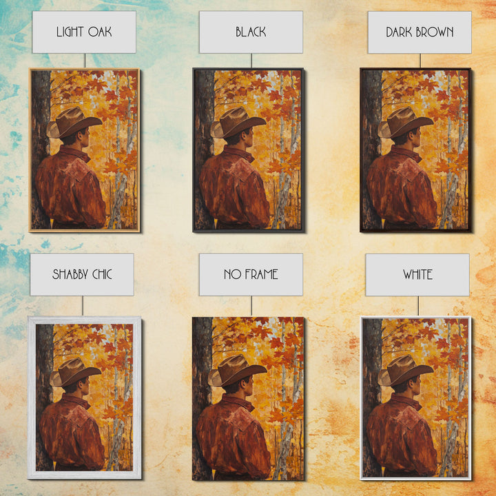 Cowboy in Autumn Forest Framed Canvas Print - Rustic Fall Wall Art Perfect Gift Idea 2024 Country Decor - Moody Landscape Art