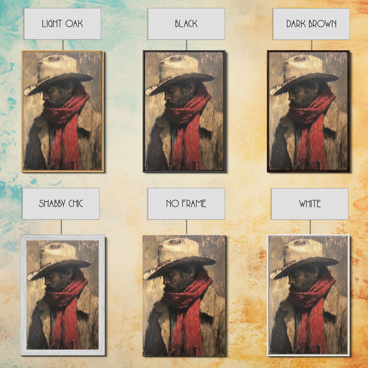 Moody Cowboy with Red Scarf Framed Canvas Print - Rustic Winter Landscape Art Best Gift Idea 2024 Christmas Wall Art