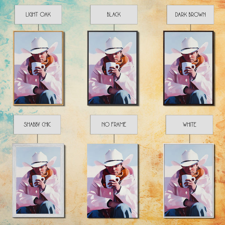 Cowboy with Mug in Snow Framed Canvas Print - Winter Country Scene Art Best 2024 Christmas Wall Decor Gift Idea