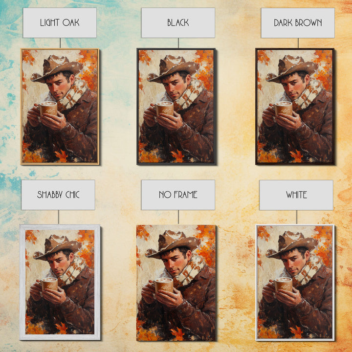 Cowboy with Coffee Mug in Autumn Framed Canvas Print - Fall Country Wall Art 2024 Rustic Home Decor and Gift Idea