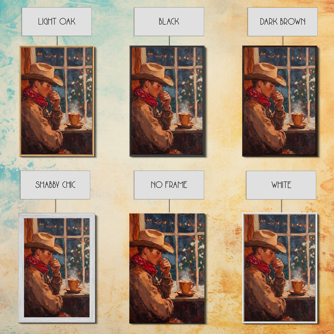 Cowboy in Snow with Coffee Framed Canvas Print - Winter Country Scene Art 2024 Cozy Christmas Wall Decor and Gift Idea