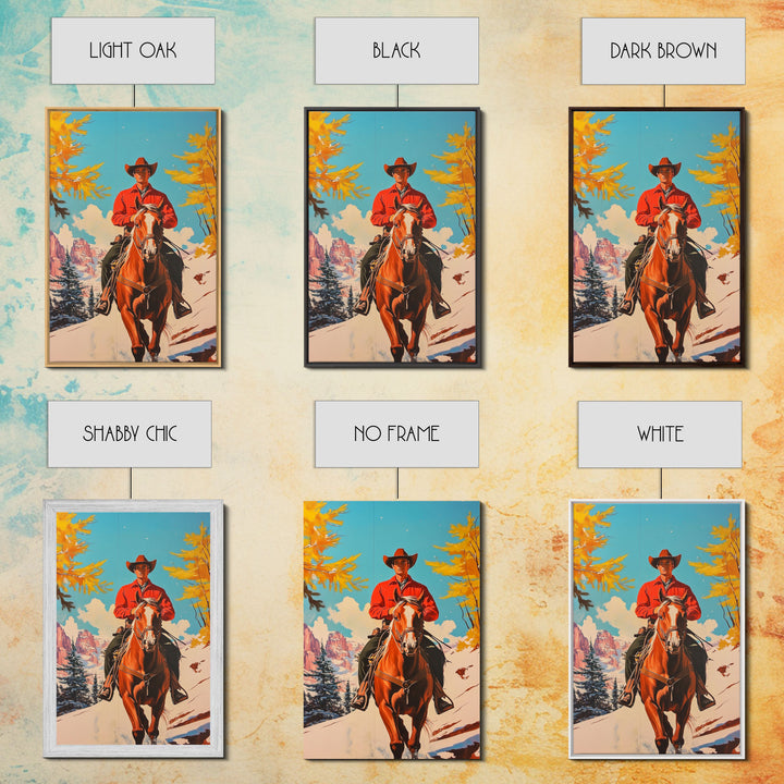 Western Cowboy on Horseback in Snowy Winter Landscape Canvas Print Vintage Christmas Wall Decor Winter Wonderland Christmas Gift Wall Art
