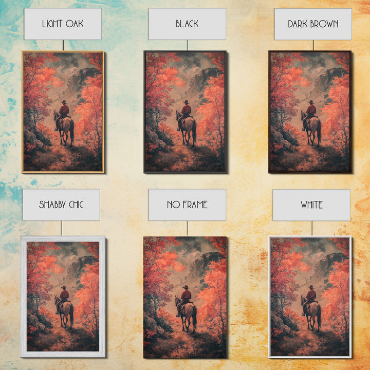 Cowboy in Forested Autumn Trail Framed Canvas Print Vintage Christmas Wall Decor Autumn Landscape Christmas Art Print Country Christmas