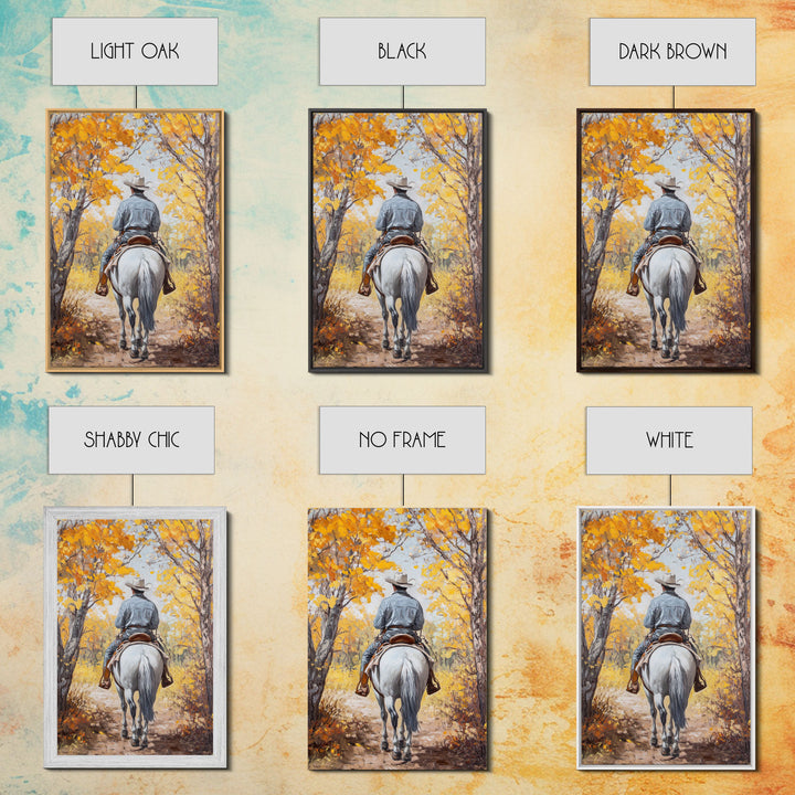 Lone Cowboy Riding Through Red Autumn Trees Framed Canvas Print Vintage Christmas Wall Art Fall Decor Winter Wonderland Seasonal Wall Art