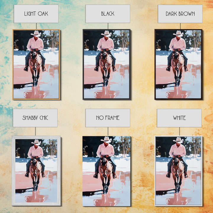 Cowboy Riding Through Snowy Winter Woods Framed Canvas Print Vintage Christmas Wall Art Winter Landscape Decor Landscape Christmas Decor