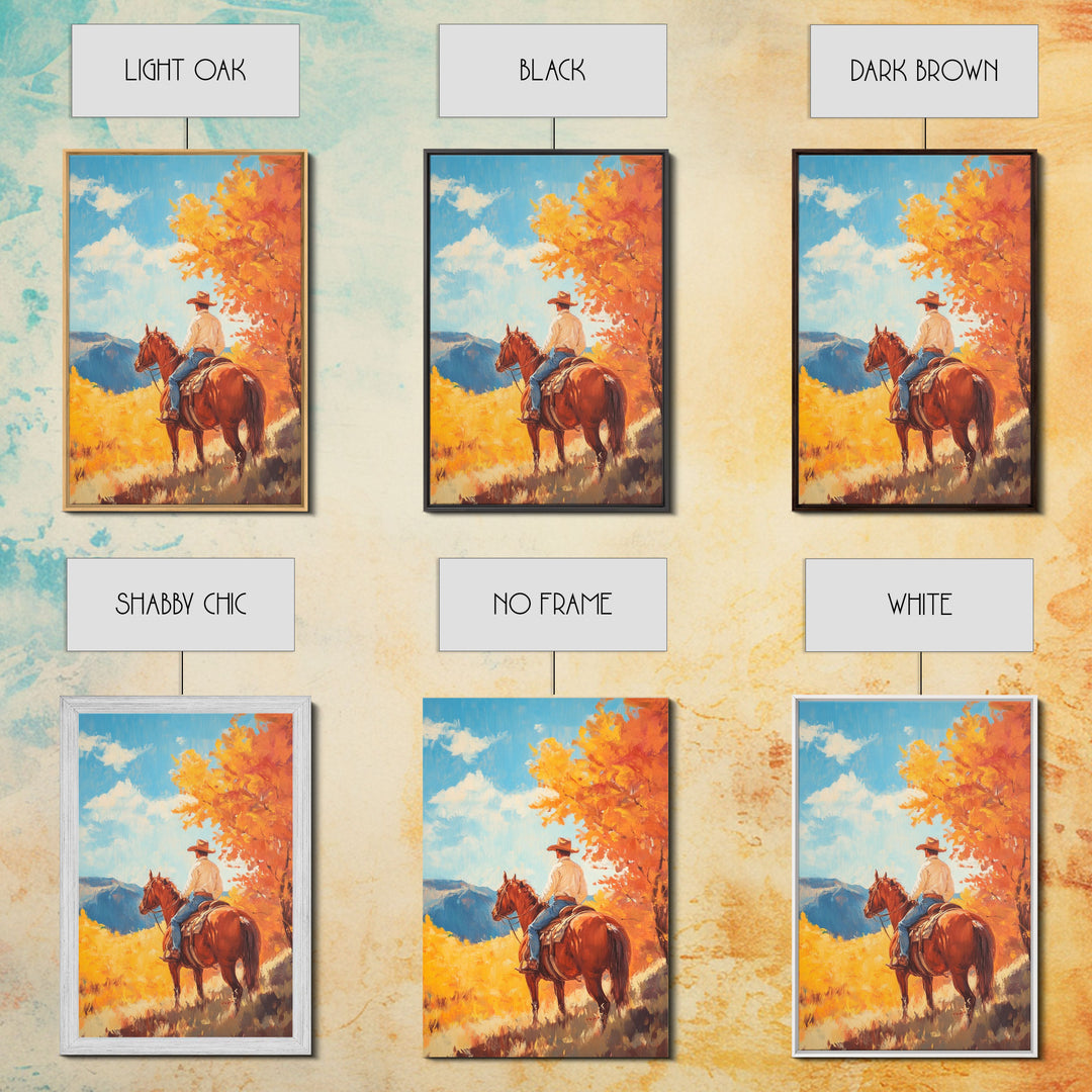 Cowboy in Colorful Autumn Trail Framed Canvas Print Country Christmas Decor Fall Wall Art Vintage Christmas Decor Gift Idea Gallery Wall Art