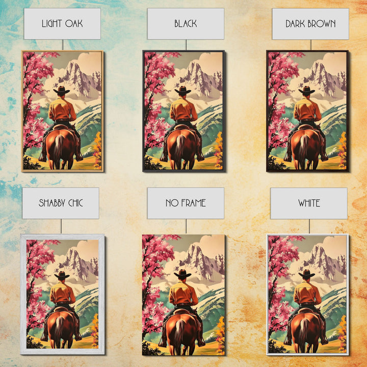 Cowboy Rider in Autumn Field with Mountains Framed Canvas Print Fall Landscape Wall Art Christmas Wall Decor Vintage Christmas Gift Idea