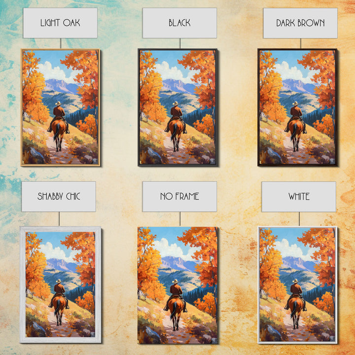 Cowboy Riding Through Autumn Mountains Framed Canvas Print Fall Landscape Art Christmas Decor Seasonal Wall Art Cowboy Christmas Gift Idea