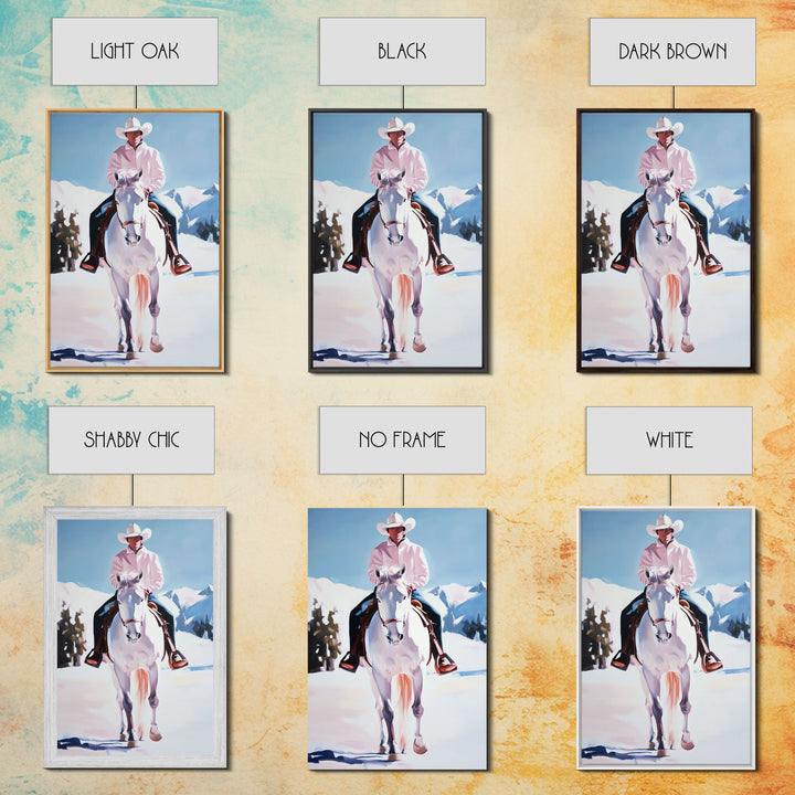 Lone Cowboy on White Horse in Snowy Landscape Canvas Print Winter Christmas Art Seasonal Wall Art Vintage Christmas Moody Landscape Gift