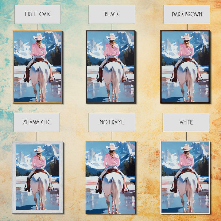 Female Cowboy Riding Through Winter Mountains Framed Canvas Print Christmas Wall Art Winter Wonderland Vintage Christmas Gift Wall Art