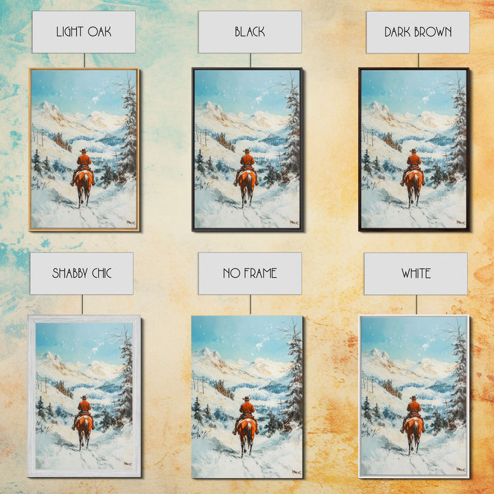 Cowboy Riding Through Snowy Mountains Framed Canvas Print Christmas Wall Art Winter Wonderland Decor Seasonal Wall Art Christmas Gift Idea