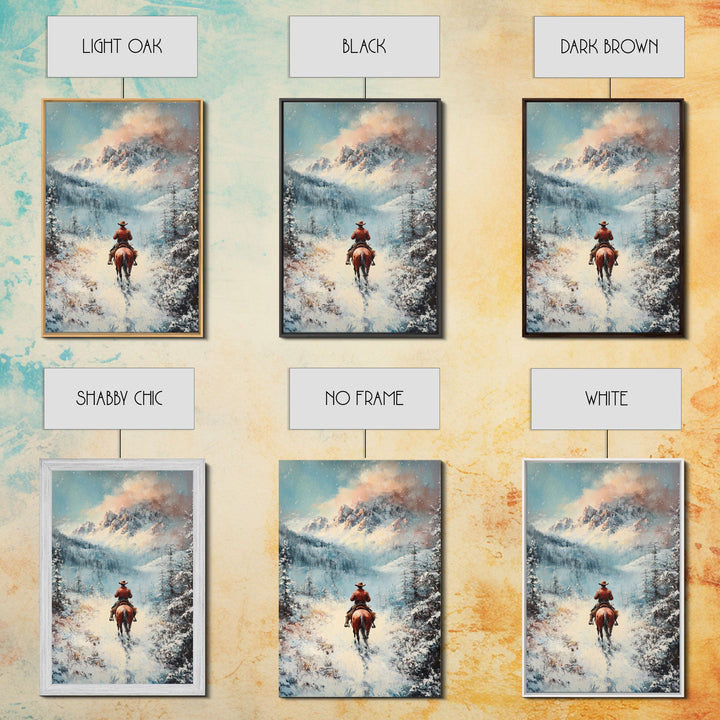 Cowboy in Winter Mountains Framed Canvas Print Christmas Wall Art Winter Wonderland Decor Vintage Christmas Gift Idea Moody Landscape Art