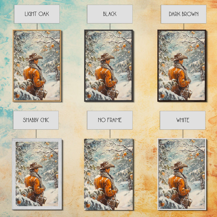Cowboy in Snowy Orchard Canvas Print with Frosty, Christmas Wall Art Gift, Seasonal Decor, Winter Wonderland, Holiday Decor, Canvas Print