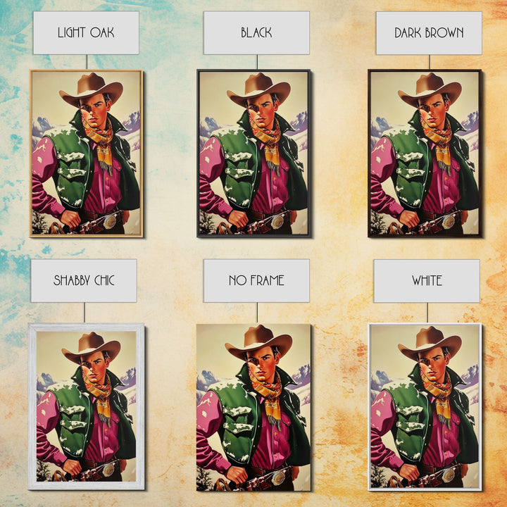 Retro Cowboy in Snowy Mountain Canvas Print, Winter Wall Art, Holiday Decor, Vintage Christmas Art, Rustic Wall Decor, Framed Canvas Print