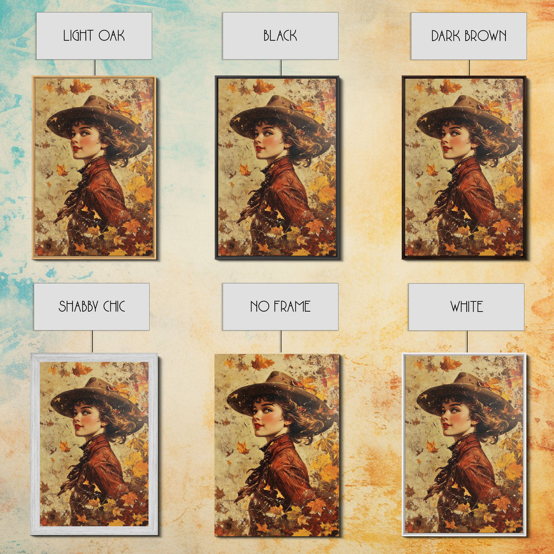 Autumn Cowgirl Portrait Canvas Print, Vintage Fall Wall Art, Farmhouse Decor, Holiday Art, Perfect Home Decor Gift Idea, Framed Canvas Print