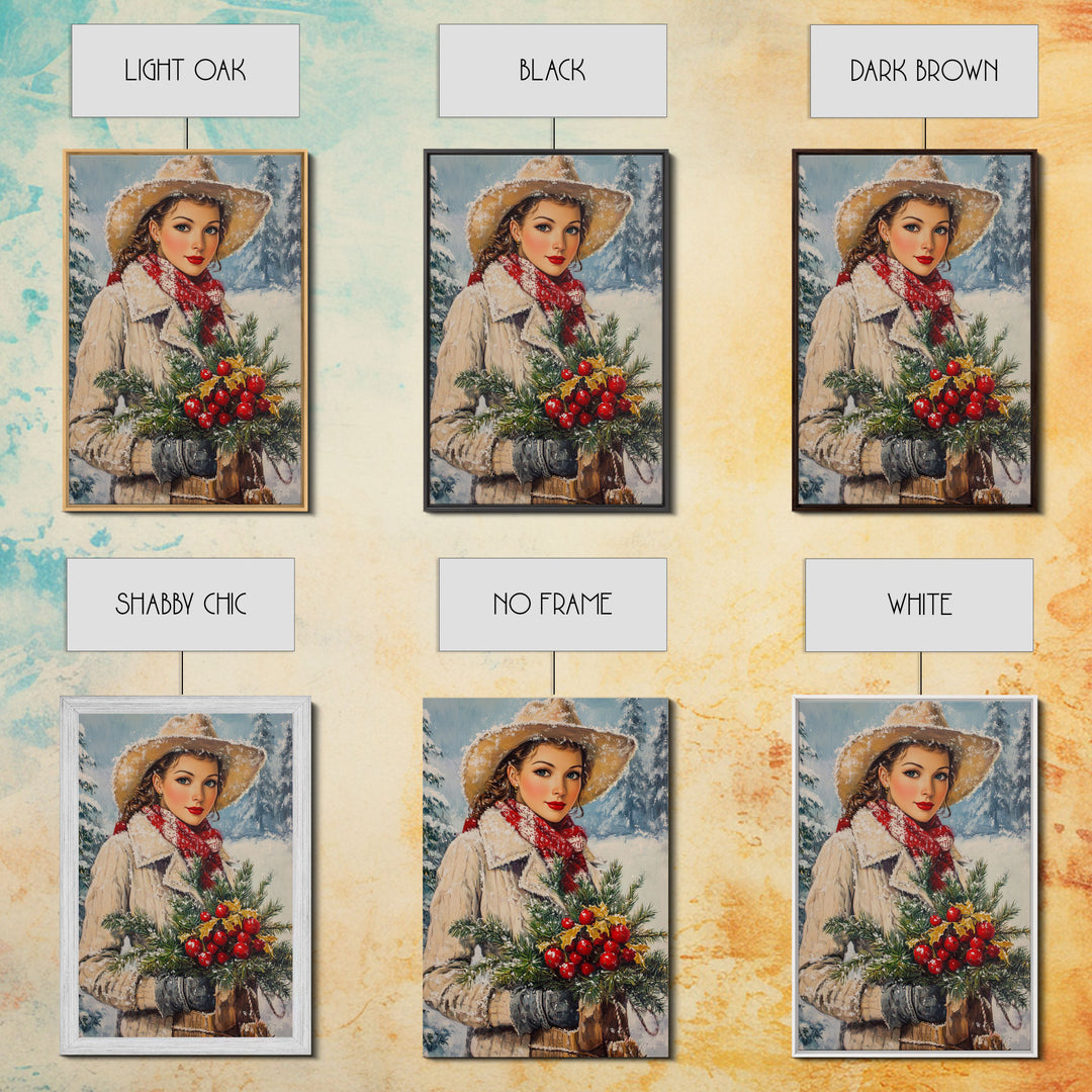 Cozy Christmas framed canvas print woman carrying holiday greenery in snowy winter scene perfect for vintage Christmas home decor