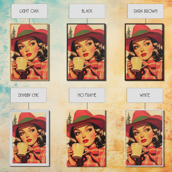 Retro Christmas holiday art framed canvas print a stylish woman with coffee holiday wall art perfect for vintage Christmas home decor