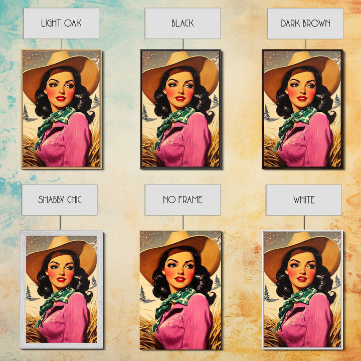 Retro Christmas framed canvas print festive cowgirl in a snowy landscape perfect holiday wall art or vintage Christmas home decor gift idea