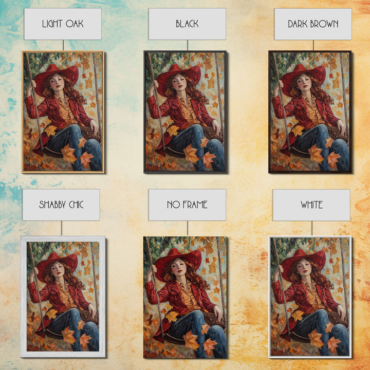 Fall Cowgirl Enjoying Her Swing, Framed Canvas Print, Autumn Decor, Cute Wall Art Gift Idea