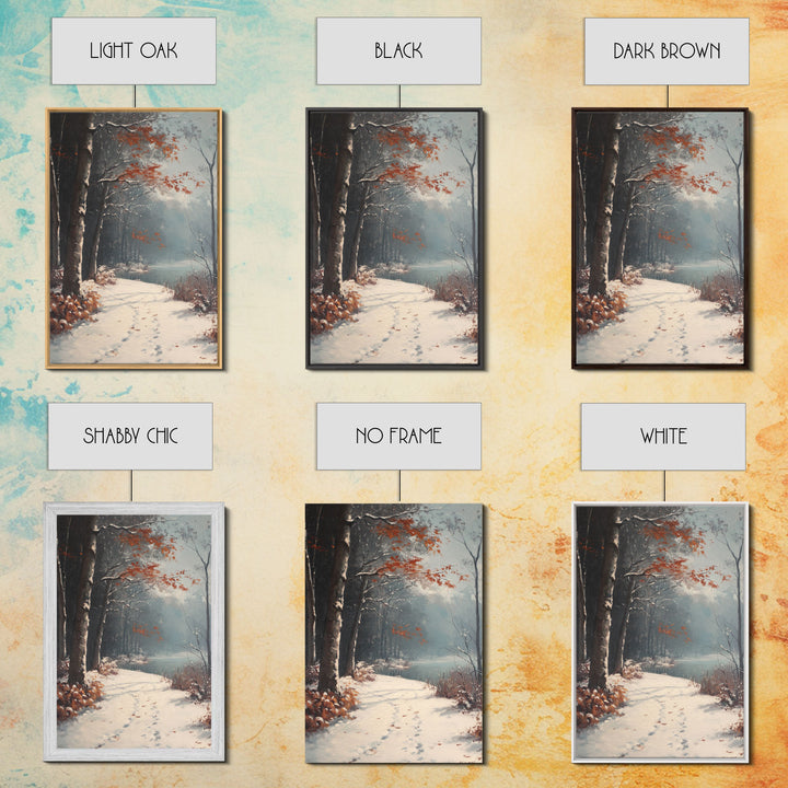 Framed Canvas Print of a Snowy Path with Trees and Red Leaves, Winter Wall Art, Moody Landscape, Best Gift Idea, Modern Christmas Decor