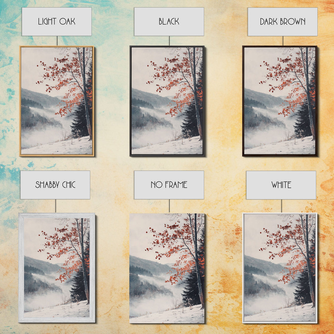 Canvas Print of Snowy Mountain Trees Red Leaves, Winter Wonderland Wall Art, Best Gift Idea, Moody Landscape, Rustic Christmas Decor