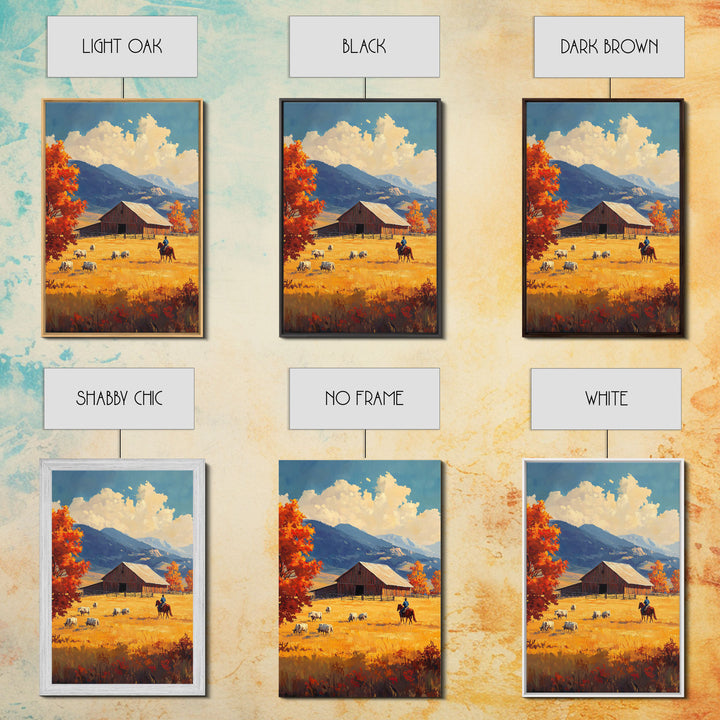 Cowboy Herding Cattle Framed Canvas Print Rustic Autumn Landscape With Barn And Vibrant Fall Colors Perfect Country Christmas Decor Art
