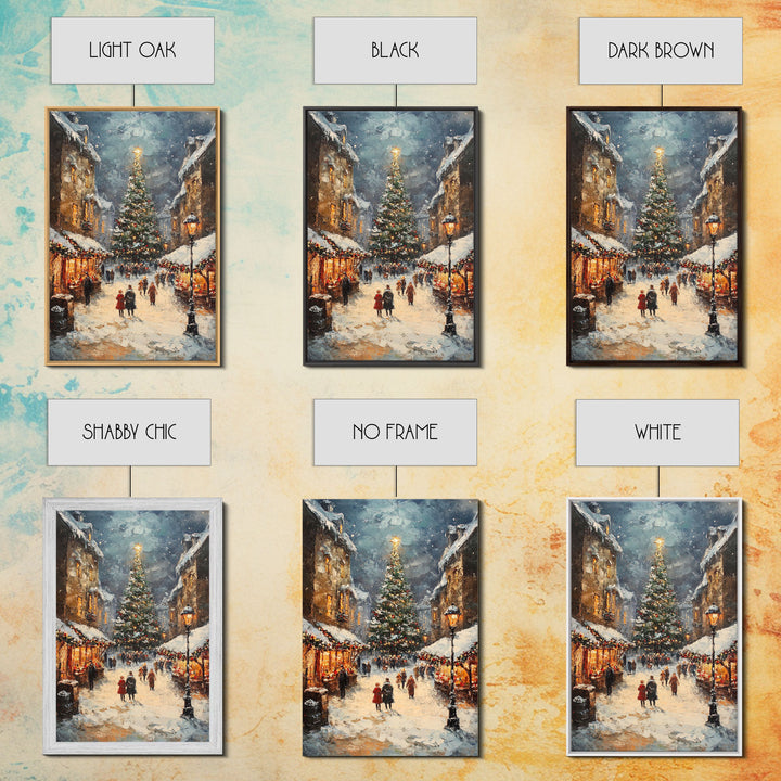 Christmas Market Scene With Tree And Snow Framed Canvas Print Vintage Holiday Village Scene Perfect For Christmas Wall Art And Holiday Decor