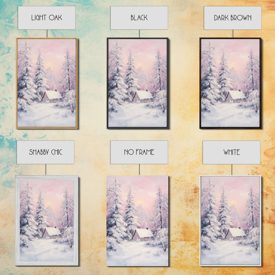 Pink Snowy Cabin Landscape Framed Canvas Print Wall Art Winter Wonderland Decor, Christmas Art Gift, Rustic Winter Scene Art