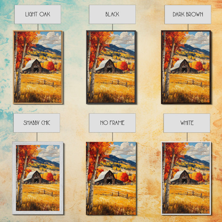 Countryside Barn in Autumn Framed Canvas Print, Bright Fall Landscape Birch Trees, Rustic Wall Art Country Home or Farmhouse Autumn Decor