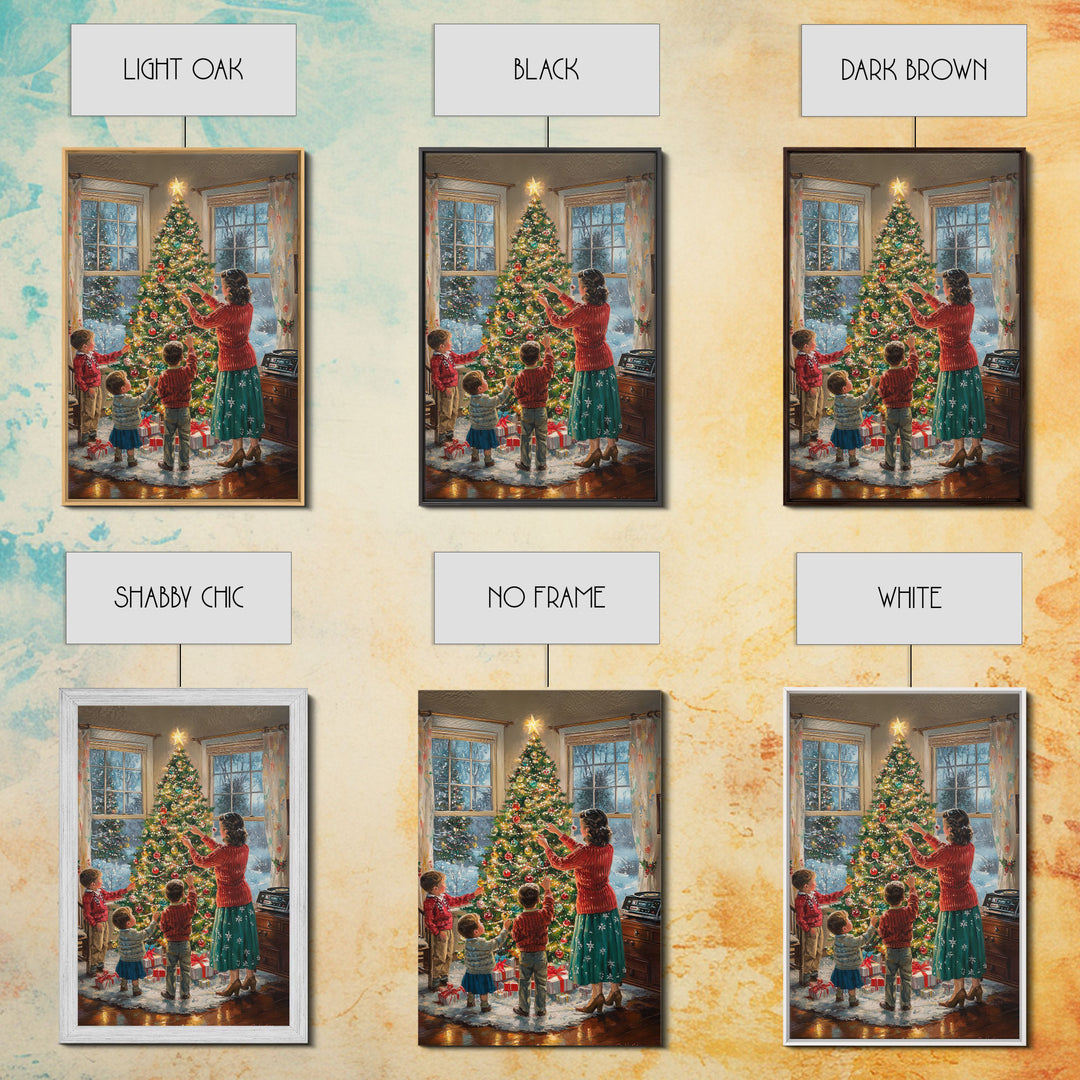 Retro Family Decorating Christmas Tree in Living Room, Classic Christmas Decor Scene, Perfect for Holiday Home, Framed Canvas Print
