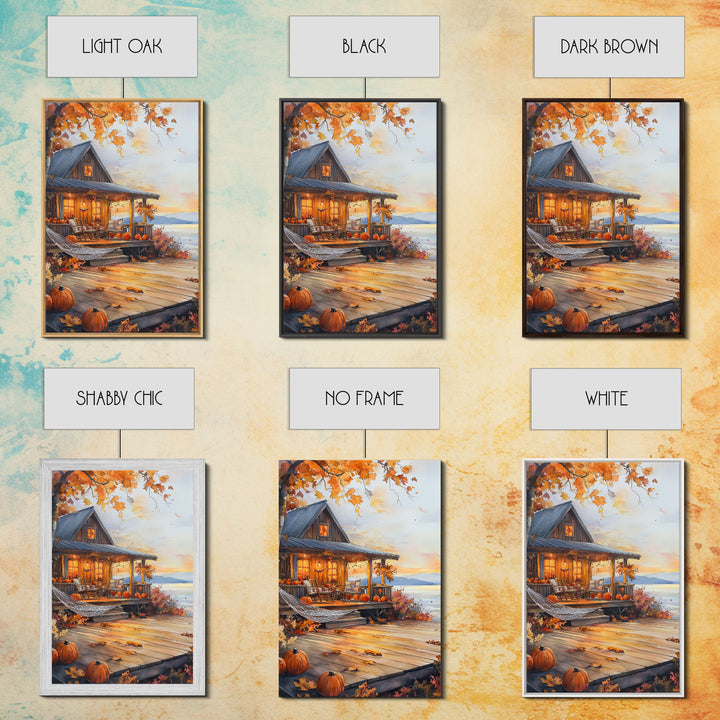 Cozy autumn cabin porch with pumpkins and scenic view, Framed Canvas Print, perfect above sofa art, fall seasonal decor, gallery wall