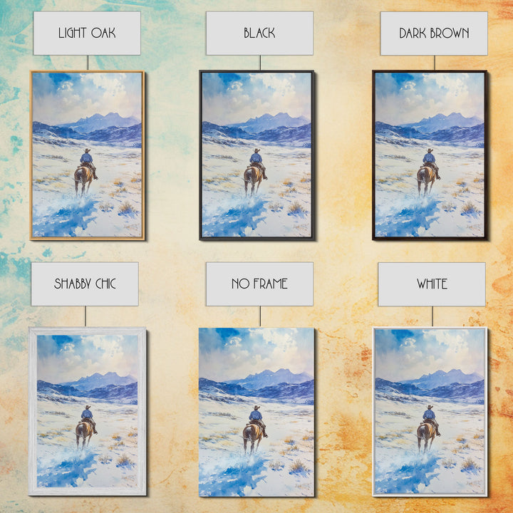 Cowboy riding through snowy mountain pass, Framed Canvas Print, western winter landscape wall art, farmhouse holiday decor Christmas gift