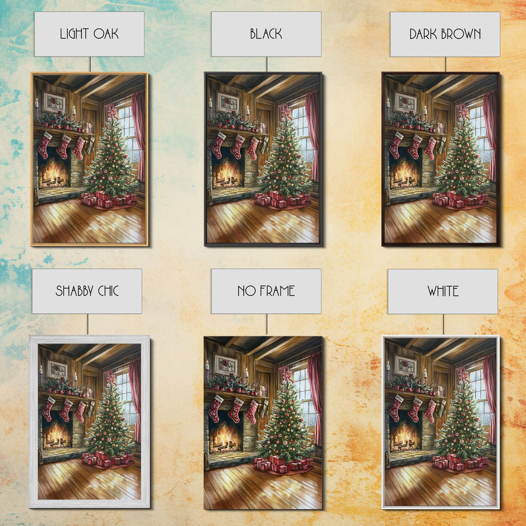 Cozy farmhouse Christmas interior Framed Canvas Print with tree stockings and fireplace, warm holiday art rustic Christmas decor mantle