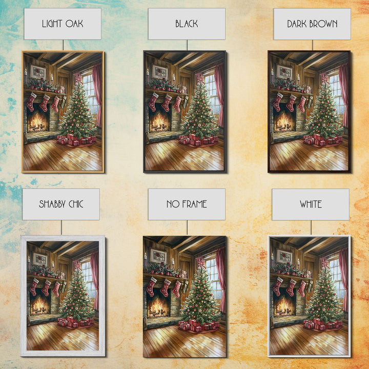 Cozy farmhouse Christmas interior Framed Canvas Print with tree stockings and fireplace, warm holiday art rustic Christmas decor mantle