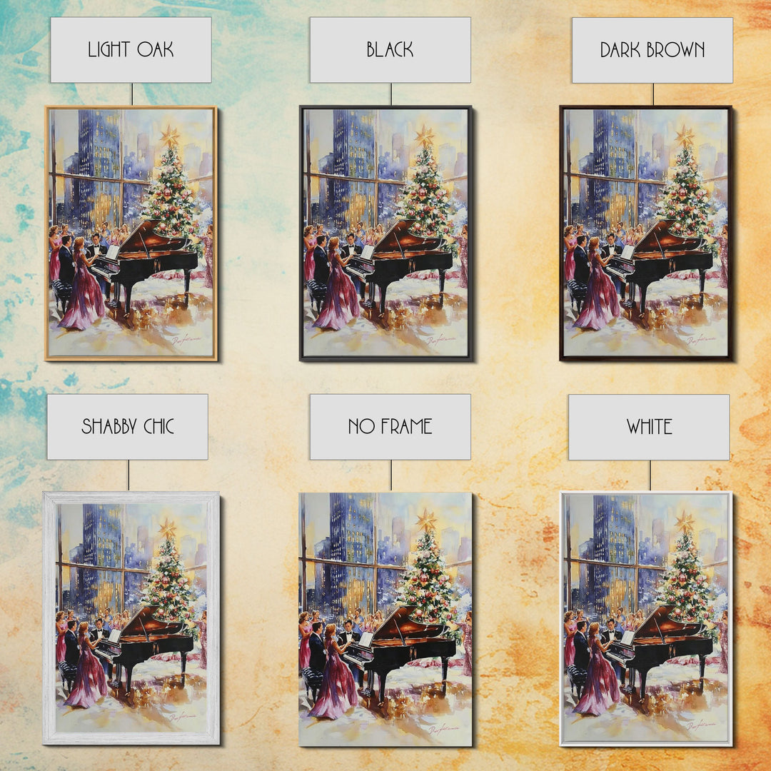 Elegant Christmas party with grand piano and city skyline view Framed Canvas Print, classy holiday wall art perfect seasonal decor idea
